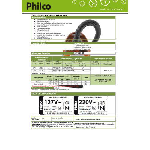 Assistência Técnica, SAC e Garantia do produto Aspirador Po Philco Hepa Pas1690 127v