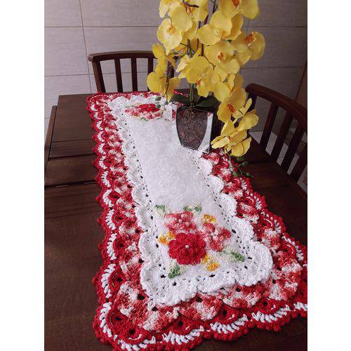 Assistência Técnica, SAC e Garantia do produto Caminho de Mesa de Crochê Retangular Rendado Cor Branco e Vermelho com Flores CM500