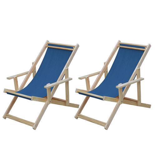 Assistência Técnica, SAC e Garantia do produto Conjunto 2 Cadeiras Espreguiçadeira Dobrável Madeira Maciça Natural com Tecido Azul - Móveis Brasil