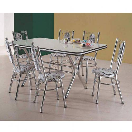 Assistência Técnica, SAC e Garantia do produto Conjunto de Mesa com 6 Cadeiras Estofadas Sevilha Móveis Brastubo Branco/Damasco/Bege