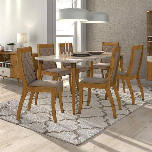 Assistência Técnica, SAC e Garantia do produto Conjunto Sala de Jantar Mesa Ballet 180cm 6 Cadeiras Merengue Móveis Lopas Rovere Soft/off White Suede Animale Bege