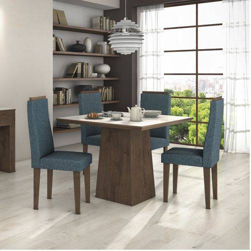 Assistência Técnica, SAC e Garantia do produto Conjunto Sala de Jantar Mesa Tampo Mdf/vidro Off White Nevada 100 4 Cadeiras Dafne Móveis Lopas Imbuia/rinzai Azul