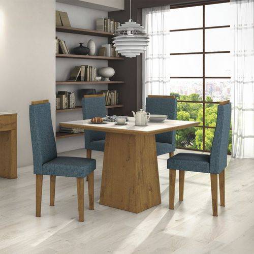 Assistência Técnica, SAC e Garantia do produto Conjunto Sala de Jantar Mesa Tampo Mdf/vidro Off White Nevada 100 4 Cadeiras Dafne Móveis Lopas Rovere/rinzai Azul