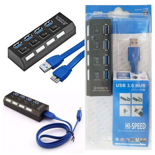 Assistência Técnica, SAC e Garantia do produto Hub Usb 3.0 4 Portas Alta Velocidade Até 5 Gbps Switch On/Off Led Indicador Suporta HD Externo