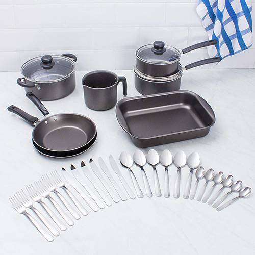 Assistência Técnica, SAC e Garantia do produto Jogo de Panelas Versalhes Antiaderente 7 Peças Grafite + Faqueiro Inox 24 Peças Búzios La Cuisine By Tramontina