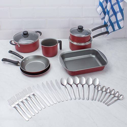 Assistência Técnica, SAC e Garantia do produto Jogo de Panelas Versalhes Antiaderente 7 Peças Vermelho + Faqueiro Inox 24 Peças Búzios La Cuisine By Tramontina