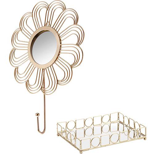 Assistência Técnica, SAC e Garantia do produto Kit Cabideiro de Parede em Metal Dourado com Espelho Flor + Bandeja em Metal Dourado com Espelho no Fundo Decó - Orb