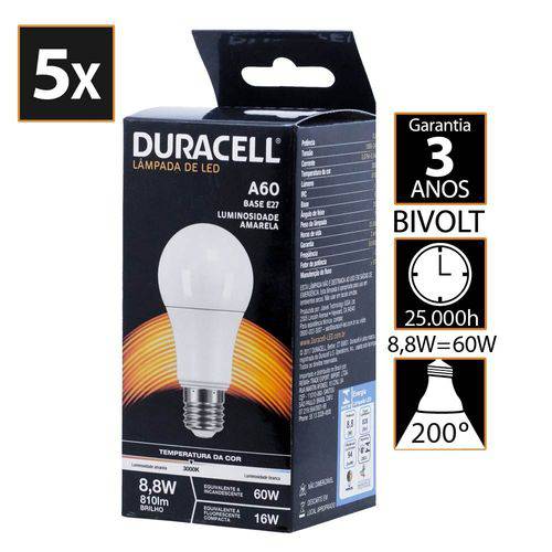 Assistência Técnica, SAC e Garantia do produto Kit com 05 Lâmpadas Led Duracell Bulbo Amarela 8.8W - Duracell
