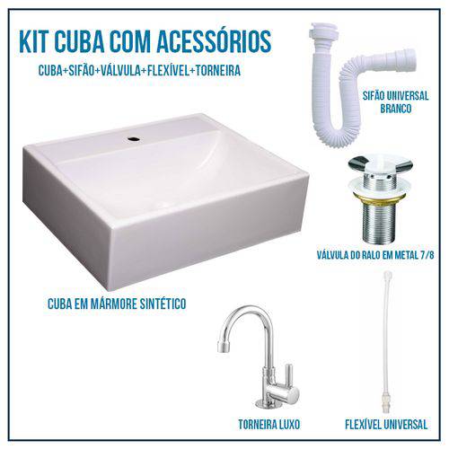 Assistência Técnica, SAC e Garantia do produto Kit Cuba Pia para Banheiro Retangular Jacuzzi 47 Cm + Válvula 7/8 + Torneira 1/4 + Sifão + Flexível