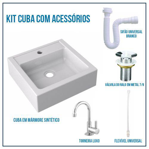 Assistência Técnica, SAC e Garantia do produto Kit Cuba Pia para Banheiro Retangular Modelo Jully + Válvula 7/8 + Torneira 1/4 + Sifão + Flexível