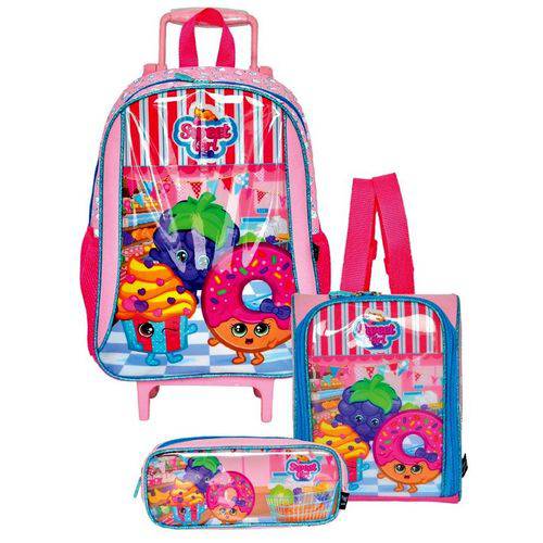 Assistência Técnica, SAC e Garantia do produto Kit Escolar Completo Infantil Rosa Feminino Menina Desenho Frutas Doces Cupcake Fofo Santino : Mochila G Rodinhas + Lancheira Térmica + Estojo Simples