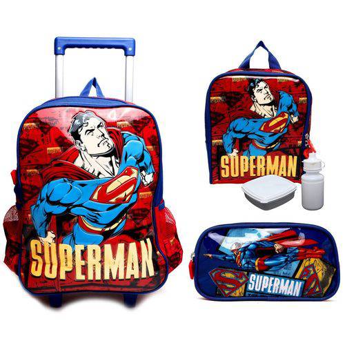 Assistência Técnica, SAC e Garantia do produto Kit Escolar Infantil Herói Super Homem Superman Vermelho Luxcel : Mochila Média de Rodinhas + Lancheira Térmica + Estojo Duplo