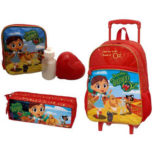 Assistência Técnica, SAC e Garantia do produto Kit Escolar Infantil o Mágico de Oz - Dorothy Homem de Lata Espantalho Leão Covarde e Cachorro Totó - Pacific : Mochila G Rodinhas + Lancheira Térmica + Estojo Duplo