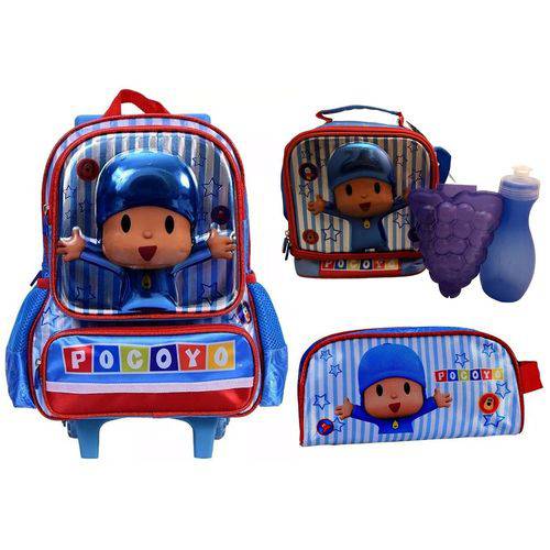 Assistência Técnica, SAC e Garantia do produto Kit Escolar Infantil Pocoyo 3D Santino : Mochila Pequena de Rodinhas e Costas + Lancheira Térmica + Estojo Simples