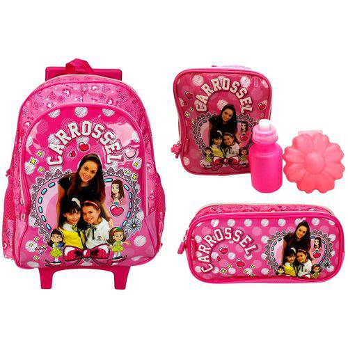 Assistência Técnica, SAC e Garantia do produto Kit Escolar Rosa Carrossel Lovely Novela Infantil Sbt - Estampa com Valéria Maria Joaquina e Professora Helena - Pacific : Mochila G de Rodinhas + Lancheira Térmica + Estojo Duplo