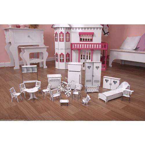 Assistência Técnica, SAC e Garantia do produto Kit MÓVEIS em Mdf com Pintura para Bonecas Estilo Barbie com 18 PEÇAS Brancos - Darama