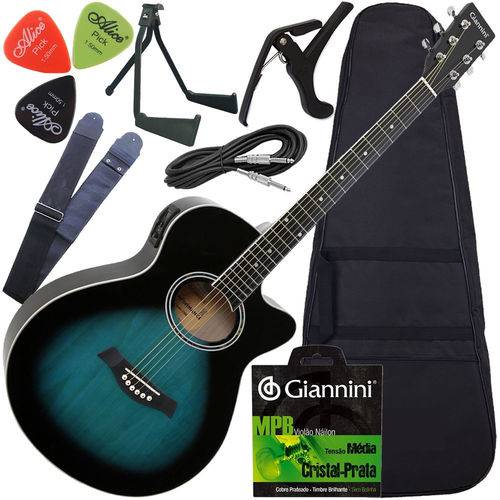 Assistência Técnica, SAC e Garantia do produto Kit Violão Folk Eletroacústico Aço Giannini Gsf1r Azul