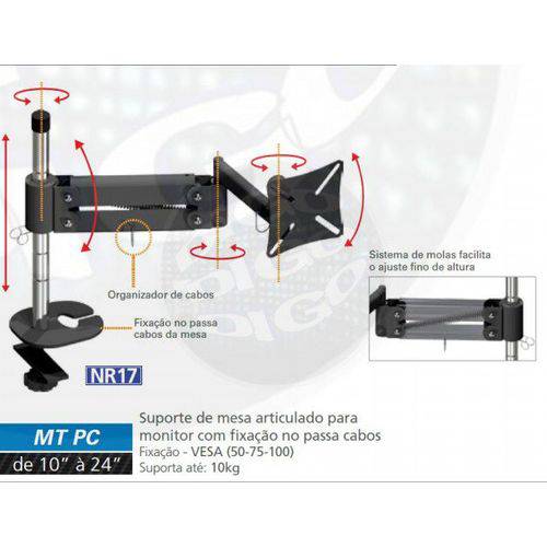 Assistência Técnica, SAC e Garantia do produto Mt Pc Suporte de Mesa Articulado com Inclinação para Monitor Lcd/led de 10" a 24" (passa Cabos)