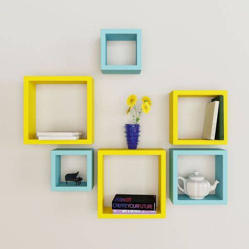 Assistência Técnica, SAC e Garantia do produto Nicho Decorativo Mdf Kit 6 Unidades - Cor Azul e Amarelo