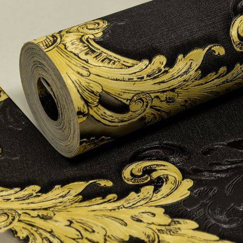 Assistência Técnica, SAC e Garantia do produto Papel de Parede Importado Vinílico Lavável Arabesco Preto e Amarelo Vintage Sala