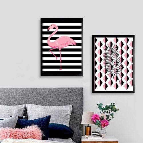 Assistência Técnica, SAC e Garantia do produto Quadro Decorativo 60x90 com Moldura Flamingo Folha Geométrico Rosa Decoração - Decorativa