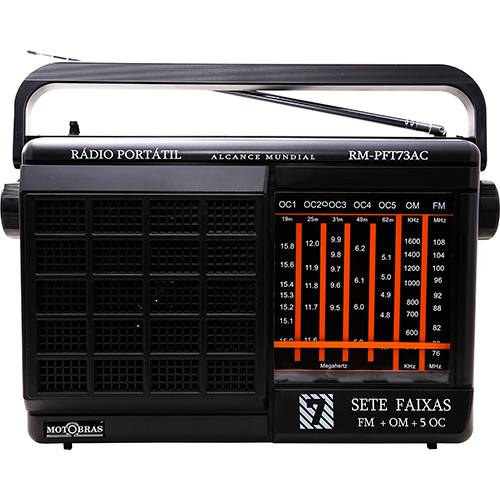 Assistência Técnica, SAC e Garantia do produto Rádio Portátil Motobras, 7 Fxs., AM/FM/OC e Som da TV, Pilha e Luz
