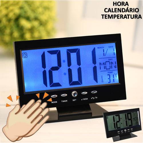 Assistência Técnica, SAC e Garantia do produto Relógio de Mesa Digital LCD Led Acionamento Sonoro Despertador Termometro PRETO CBRN01422