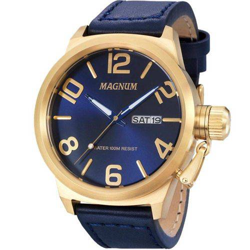 Assistência Técnica, SAC e Garantia do produto Relógio Magnum Masculino Ma33399a Dourado Azul Couro