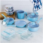 Assistência Técnica e Garantia do produto Conjunto de Panelas Everyday Azul + 2 Marmitas Vidro + Conjunto Potes Inox - 10 Peças - La Cuisine