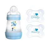 Assistência Técnica e Garantia do produto Kit Mam Mamadeira First Bottle 160ml + Chupeta Mom & Dad 0 a 6 Meses Azul (2931+4661)