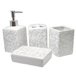 Assistência Técnica e Garantia do produto Kit para Banheiro 4 Peças Porta Sabonete Líquido Folhas Branco e Prata